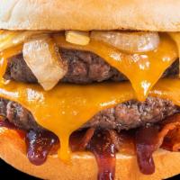 Bbq Bacon Cheddar Burger · Rustle up your hunger for two 100% grass-fed, organic beef patties topped with bacon, two sl...