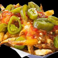 Fiery Fries · Bring on the heat! A bed of fresh fries topped with melted cheddar cheese, hot pepper relish...