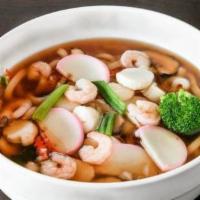 Seafood Udon · Served with or without spicy. thick noodle in spicy chicken broth with shrimp, scallop, fish...
