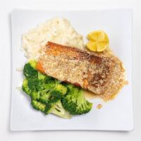 Pan Seared Salmon · Served with mashed potatoes and broccoli.