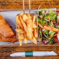 Fish & Chips · Beer Battered cod, served with our signature seasoned steak fries, coleslaw & tartar sauce.