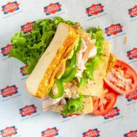 The Flame Sandwich · Roasted chicken breast, pepper jack cheese, romaine lettuce, green pepper, avocado with home...