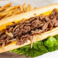Vegetarian Cheesesteak · Soy meat, grilled onion, mushroom, lettuce, tomato and veggie cheese.