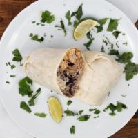Burritos · 12” flour tortilla stuffed with rice, black beans, Mexican cheeses, pico de gallo, crema, an...