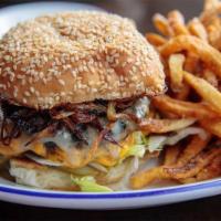 Cheeseburger* · Bar Mezzana burger! Two patties on a sesame seed bun with caramelized onions, pickles, Ameri...