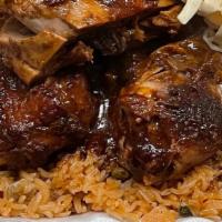 Jerk Chicken Platter · Served with your choice of peas and rice or noodles. And side selections include coleslaw, p...