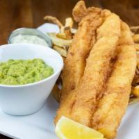 Fish & Chips · Fried cod, chips, mushy peas, house tartar.