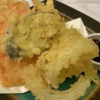 Vegetable Tempura · Japanese style crispy temperature mix with onion, Japanese potatoes, carrot , taro, broccoli...