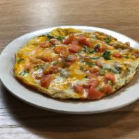 Frittata* · Three eggs cooked with tomato, bacon, and potato.. Topped with melted cheddar cheese & scall...