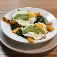 Kale Quinoa Bowl* · Quinoa, squash, kale, chickpeas, and Asiago.     Topped with two sunny eggs and a tomatillo ...