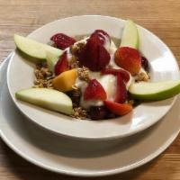 Maple Nut Granola & Fresh Fruit · Cantaloupe & honeydew melon, bananas, apples, . strawberries, and grapes topped with vanilla...