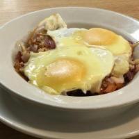 Savory Bacon & Cheddar Bowl* · Chopped bacon, diced onion, tomato,. cheddar cheese, and two sunny eggs. Served over your ch...