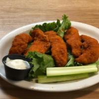 Boneless Chicken Tenders · Tossed in Buffalo or BBQ sauce. Served with celery and bleu cheese