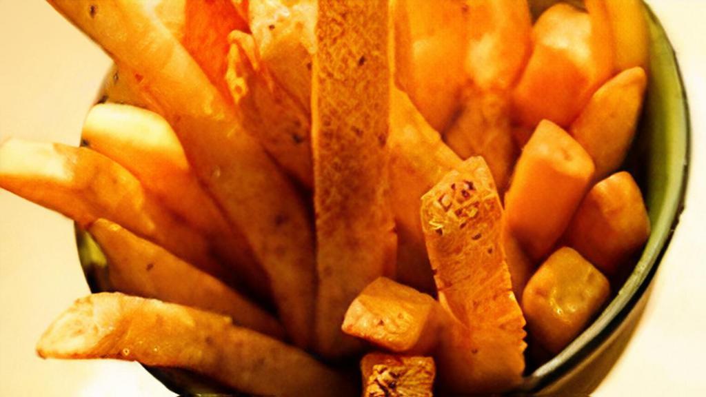 Basket Of Spicy Fries · Fried golden and crispy, and dusted with Old Bay seasoning. Served with garlic & chive aioli and curry mustard dipping sauces