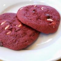 Red Velvet Cookie · Two fresh-baked rich, decadent red velvet cookies