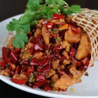 Geleshan Ma La Chicken · With dry peppers and peppercorns.