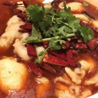 Red Revolution” (新派水煮鱼) · Fish filet and bean sprouts in szechuan hot-pot style.