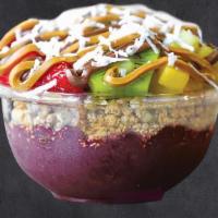 Frutta Bowl (Regular) · Base: organic acai, banana toppings: granola, strawberries, pineapple, kiwi, Nutella, peanut...