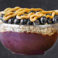 Pb&J Bowl (Regular) · Base: organic acai, banana toppings: granola, blueberries, peanut butter.