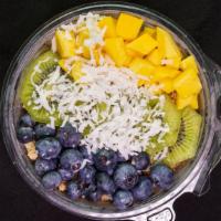 Jamaica Bowl (Small) · Base: organic pitaya, banana, pineapple, almond milk Toppings: granola, mango, blueberries, ...