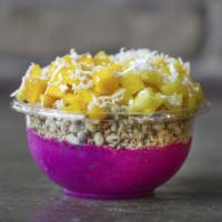 Barbados Bowl · Base: organic pitaya, banana, pineapple, almond milk Toppings: granola, pineapple, mango, co...