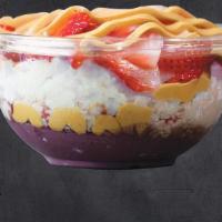 Power Bowl · Base: organic acai, banana 
toppings: Oatmeal with vanilla plant protein topped with strawbe...