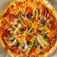 House Special · pepperoni, sausage, green peppers, onions, mushrooms, black olives & hamburger.