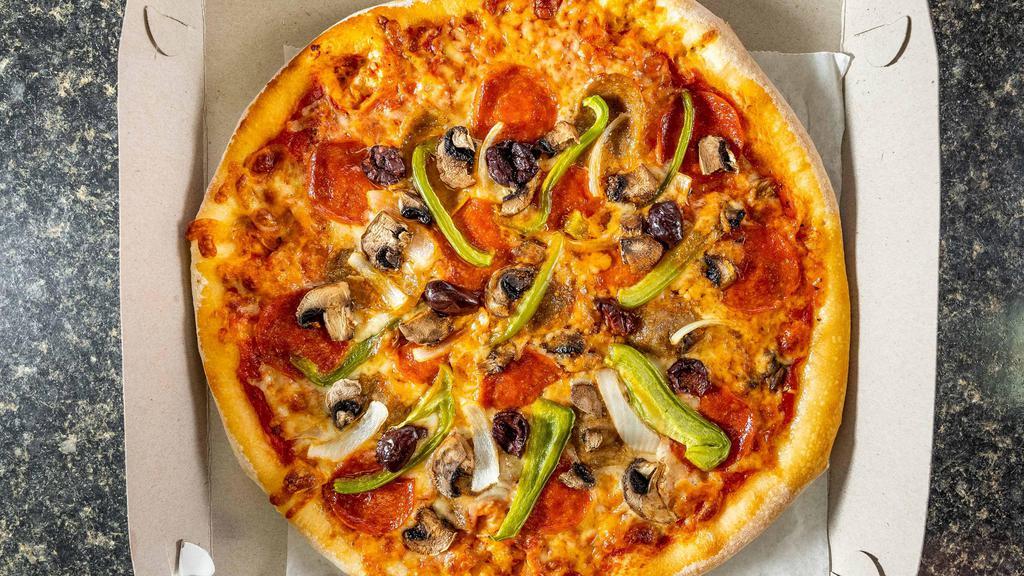 House Special · pepperoni, sausage, green peppers, onions, mushrooms, black olives & hamburger.