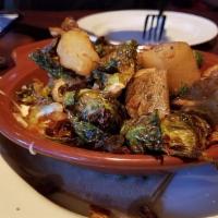 Crispy Brussels Sprouts · Gluten-free. Brussels sprouts, crispy smoked bacon, toasted pumpkin seeds, sea salt, garlic,...
