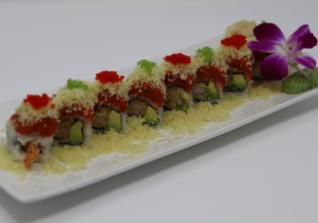 W243. Hawaiian Roll · Shrimp tempura and avocado with spicy tuna, crunchy and tobiko on top.