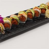 W248. Tiger Skin Roll · Spicy scallop inside with shrimp and avocado on top.