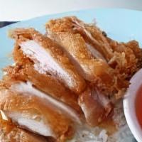 Fried Chicken Garlic Rice · Fried chicken thigh with skin on garlic rice