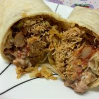 Pork Carnitas Or Machaca · Eggs, pork carnitas, and potatoes. Comes with: cheese and sour cream and your choice of sals...