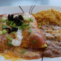 Two Meat Enchiladas · Comes with: cheese, sour cream, green onions and black olives. Your choice of meat, salsa an...