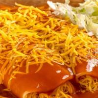 Two Cheese Enchiladas · Comes with cheese, sour cream, green onions and black olives. Your choice of salsa and beans.