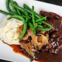 Steak Tips (G) · Bourbon glaze marinated, grilled balsamic onions, mashed potatoes, green beans