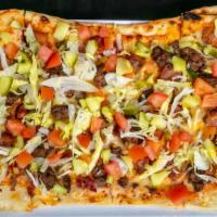 Bacon Cheeseburger Flatbread (G) · Ground beef, bacon, chopped tomatoes, pickles, iceburg, special sauce, cheddar and jack chee...