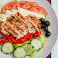 Pollo E Pepe Salad · Grilled chicken with fresh Mozzarella cheese, roasted peppers, tomatoes, black olives, and r...