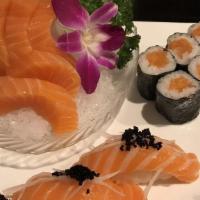 Salmon Special · 5 pieces salmon sashimi, 3 pieces salmon sushi and 1 salmon roll.