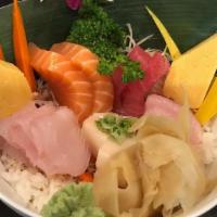 Chirashi · Assorted sliced of fresh fish on a bed of sushi rice.