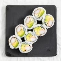 California Roll · Crab stick, avocado and cucumber wrapped in white rice.