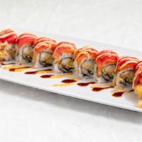 Mc’ Puggin Roll · Spicy. Shrimp tempura, cucumber, topped with spicy tuna, masago, eel sauce and spicy mayo.