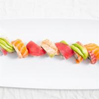 Rainbow Roll · Crab, avocado, cucumber, topped with tuna, salmon, yellowtail and avocado.