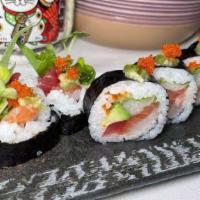 House Special Roll · Tuna, salmon, white fish, yellowtail, flying fish roe, avocado, shiso, scallions. Topped wit...