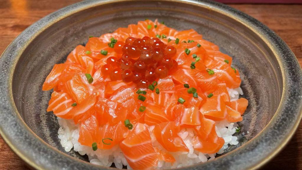 Sake & Ikura Don · Salmon block, salmon roe.