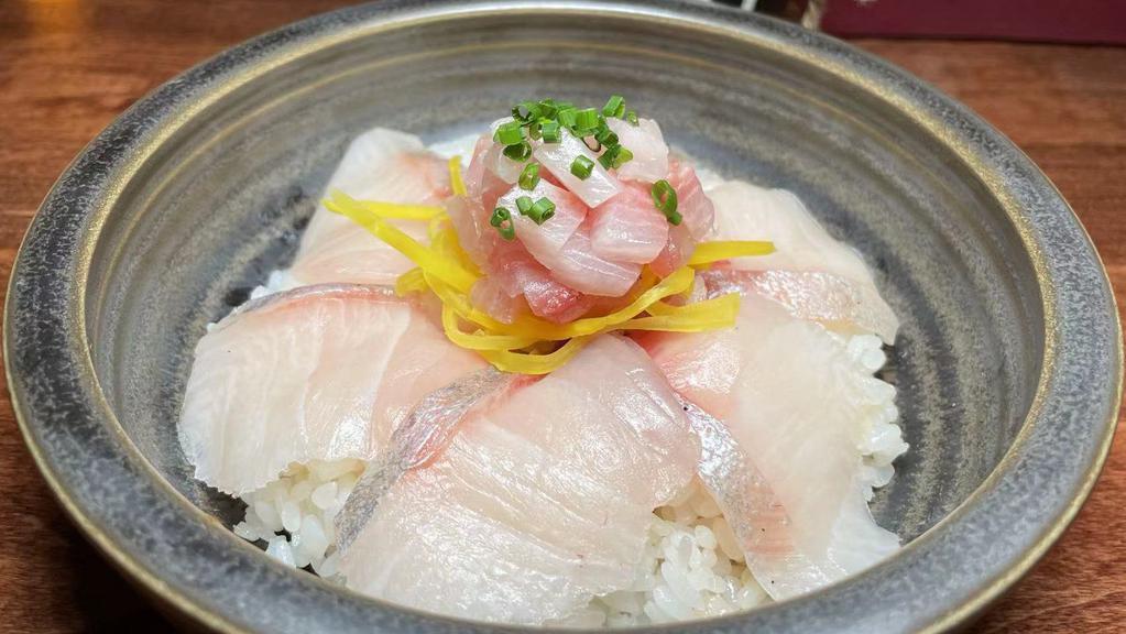 Hamachi Don · Yellowtail sashimi, yellowtail block chives.
