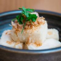 Agedashi Tofu · Deep-fried tofu in tsuyu broth with bonito and scallion.