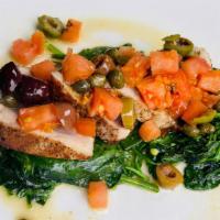 Sicilian Tuna · garlic spinach, olives, tomato, capers