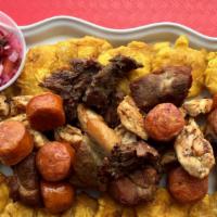 Picadera De Carnes · Pollo, carne, chorizo y cerdo a la parrilla con papas fritas o patacones
Grilled chicken, st...