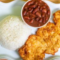 Menestra Pollo Apanado · Arroz, menestra y pollo apanado
Rice and beans with fried breaded chicken